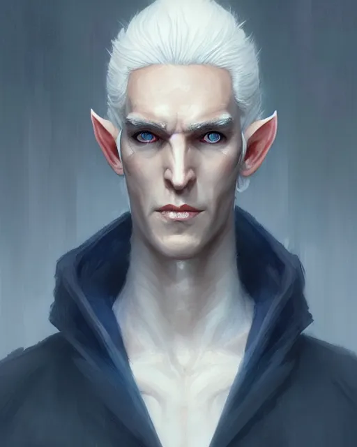 Prompt: character portrait of a slender half - elven man with white hair and blue eyes, by greg rutkowski, mark brookes, jim burns, tom bagshaw, trending on artstation