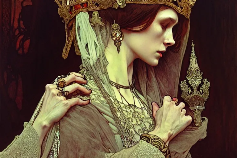 Image similar to intricate, elegant, dramatic, medieval queen mourning by artem demura and alphonse mucha