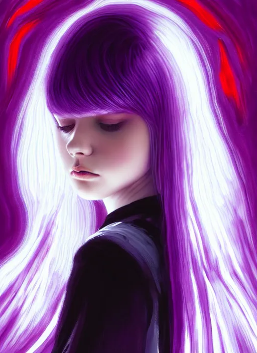 Image similar to hair whitebangs hair, black hair, whitebangs, portrait of teenage girl with white bangs, red irises, purple clothes, white bangs, bangs are different color from hair, intricate, elegant, glowing lights, highly detailed, digital painting, artstation, concept art, smooth, sharp focus, illustration, art by wlop, mars ravelo and greg rutkowski