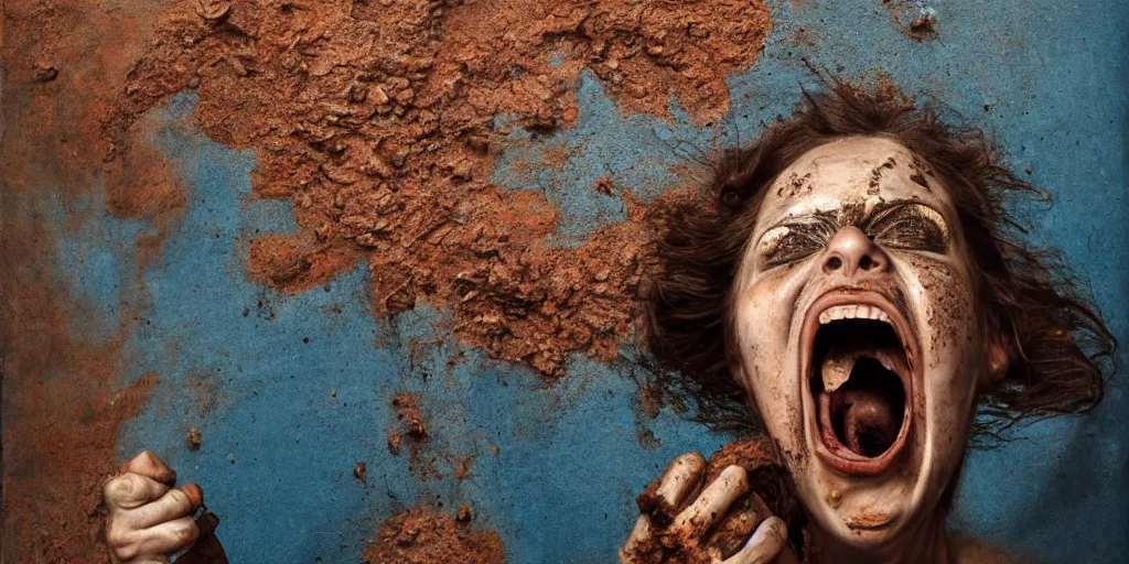 Prompt: highly detailed photography of a screaming woman made of rust clay and stone, rocks, hand gesture, dust particles, dirt, dramatic scene, aesthetic dynamic lighting, masterpiece, by roberto ferri, blue background, high quality, spatula