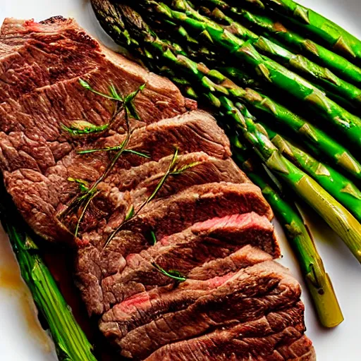 Image similar to Steak and asparagus, HD, studio lighting, 8K, hyper realistic, michelin 5 star, award winning photo