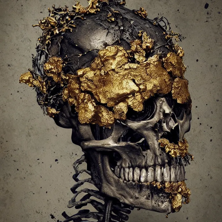 Image similar to A beautiful oil painting hyperrealism of a decayed black skeleton head, rotting black clay skin, bones, close up, gold flowers, gold floral headdress, 8k resolution, octane render, Trending on artstation, by Gediminas Pranckevicius, volumetric light 2blue fractal Thunder glow by dan mumford, anaglyph effect, Laurie Lipton