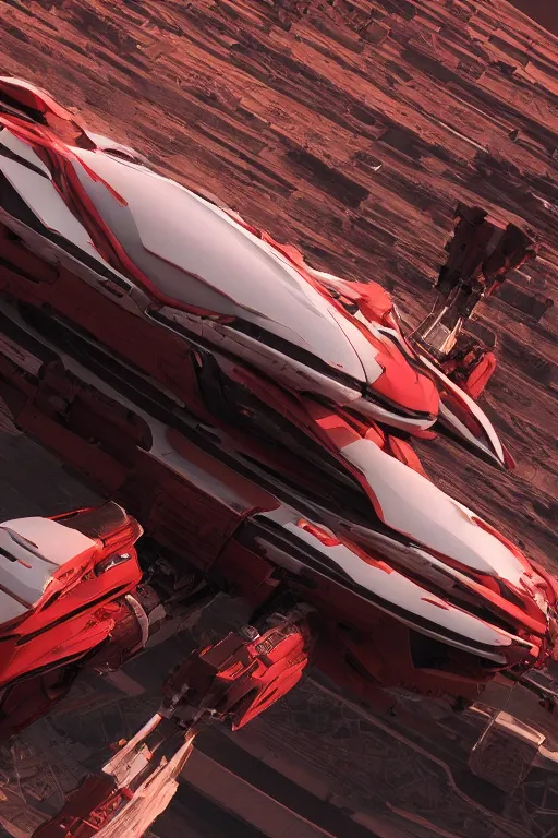 Image similar to professional photograph of a beautiful neo - futuristic simplified symmetrical mecha spacecraft docked in desert by ilm, denis villeneuve, emmanuel shiu, zaha hadid, vapor, cinematic architectural scale, red paint detail, manga, dramatic, volumetric, concept art, hard surface, hyperrealism, high detail, trending on artstation, sharp focus, rendered in octane