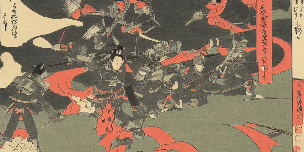 Prompt: mixed ukiyo - e style and italian futurism sytle painting of heavily armored samurai fighting in fierce battle in a beautiful forest