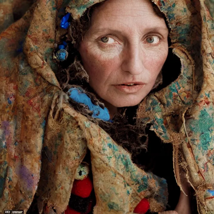 Prompt: closeup portrait of a woman wearing a cloak made of toys, standing in a desolate abandoned house, by Annie Leibovitz and Steve McCurry, natural light, detailed face, CANON Eos C300, ƒ1.8, 35mm, 8K, medium-format print