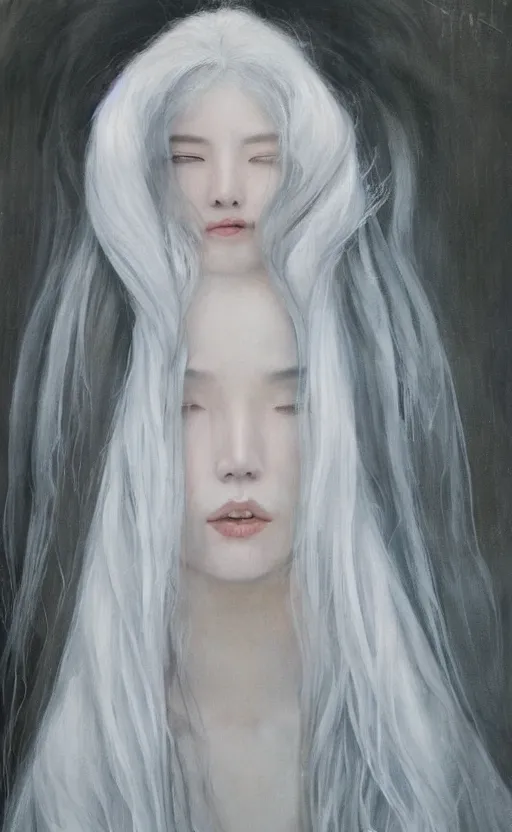 Prompt: angelic beauty with silver hair so pale and wan! and thin!?, flowing robes, covered in robes, lone pale korean goddess, wearing robes of silver, flowing, pale skin, young cute face, covered!!, clothed!! lucien levy - dhurmer, jean deville, oil on canvas, 4 k resolution, aesthetic!, mystery