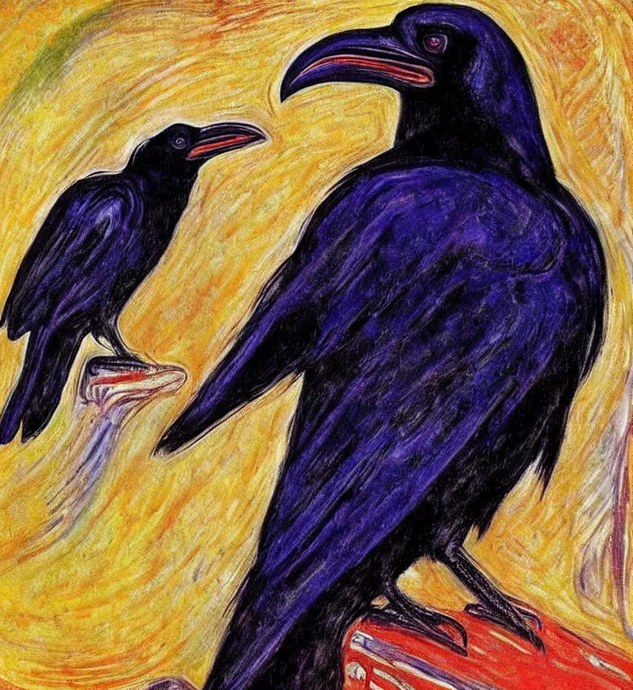 Image similar to epic digital art, realistic, extreme detail, by edvard munch of artistic form coming into being as two elements are successfully fused, raven bird.