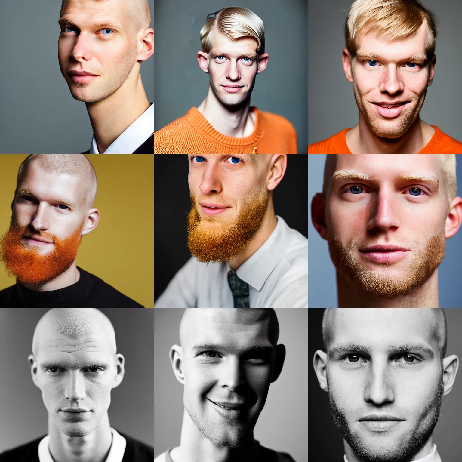 Prompt: close-up portrait of a tall thin blond man late-twenties with a square face and shaved head and squinty eyes and an orange beard and rosy cheeks.