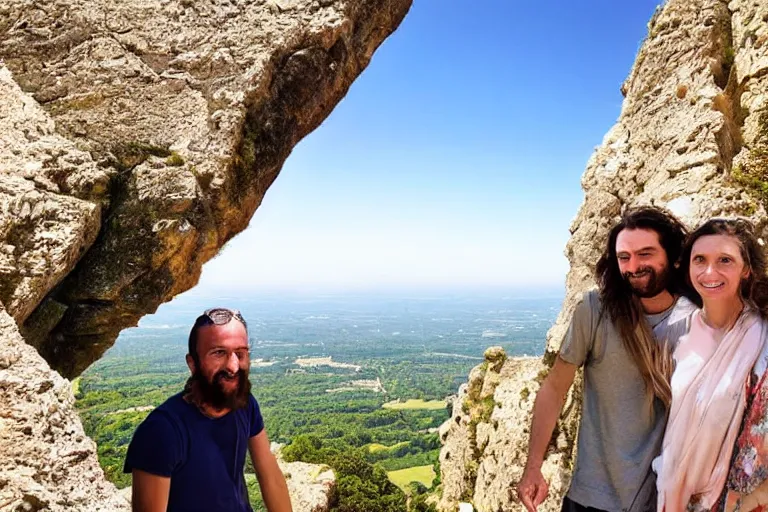 Image similar to selfie from a mobile phone of happy jesus and happy mary magdalene standing on a cliff looking over a beautiful landscape in france, in love, rennes - le - chateau, award winning photo, wide angle lens, very detailed, photorealistic