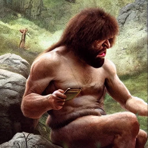 Prompt: a neanderthal caveman checking his email