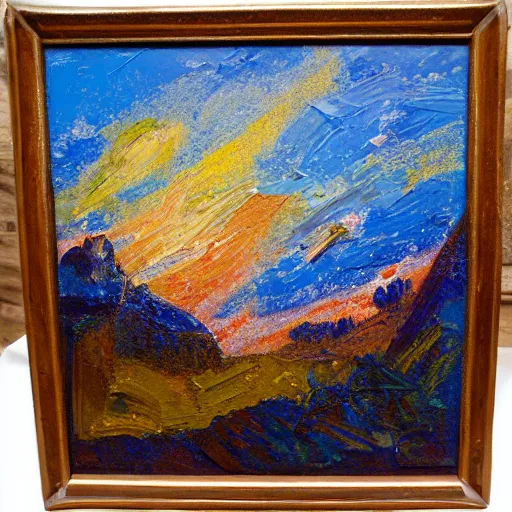 Image similar to oil paint impasto relief, austrian blue mountain with fireworks, multi layered thick brush marks, in the style of ivan shishkin and frank auerbach and redon