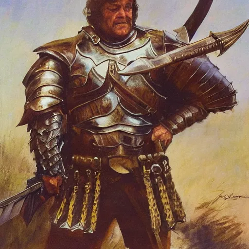 Image similar to portrait of john goodman wearing armor and holding sword by frank fazetta, fantasy, barbarian