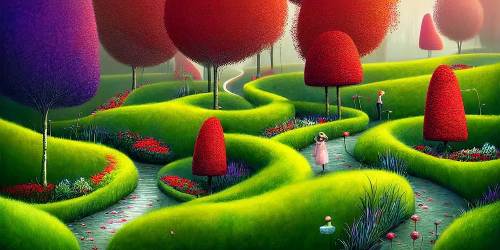 Image similar to Beautiful artwork garden of the future, overgrown with fir trees and plants, hedges, Topiary plants, Nice colour scheme, warm colour. Beautiful artistic digital artwork by artist Lurid. (2022), Gediminas Pranckevicius