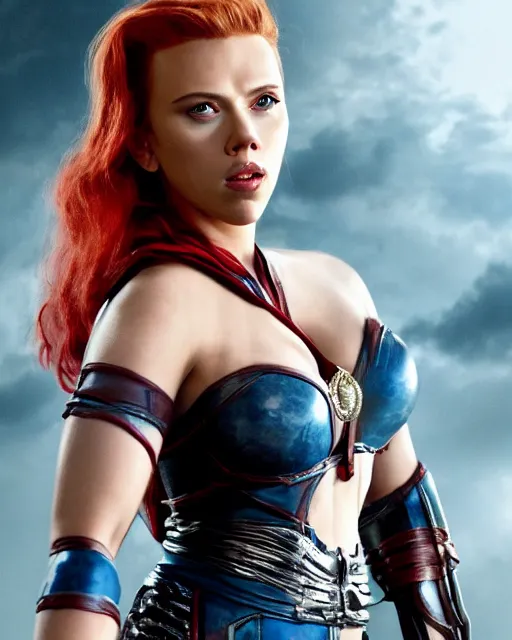 Image similar to scarlett johansson portraying a beautiful shanna the she devil from marvel, beautiful scarlett johansson shanna the she devil from marvel comics, movie, hyper realistic, hollywood promotional image, imax, 8 k