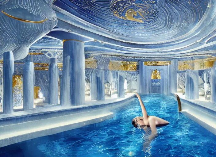 Prompt: modern chic futuristic royal blue and white onsen (Japanese bath house) with gold intricate details at Pamukkale, thermal waters flowing down white travertine terraces, dozen beautiful women wearing sweet dresses, ethereal anf dreamy, intricate, elegant, luxurious, digital painting, concept art, smooth, sharp focus, from Star Trek 2021, illustration, by WLOP and Ruan Jia and Mandy Jurgens and William-Adolphe Bouguereau, Artgerm
