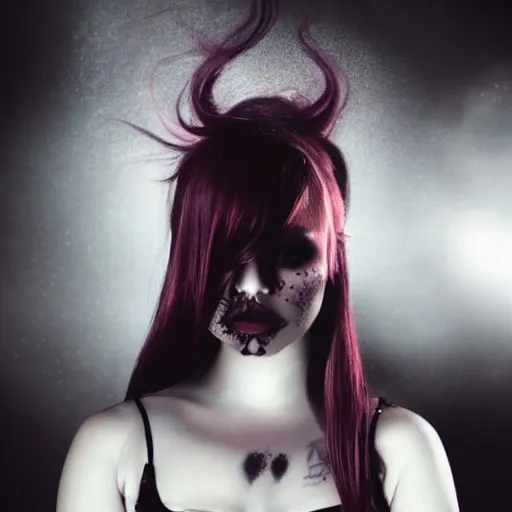 Image similar to modeling photograph kerli koiv, redhead, beautiful, dark, mysterious, bubble goth, detailed face, half body shot