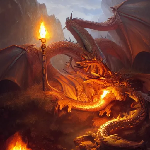 Image similar to dragon sleeping on a pile of treasure, dramatic light, dungeon background, torches, high detail, fantasy background, painted by stanley lau, painted by greg rutkowski, painted by stanley artgerm, digital art, trending on artstation