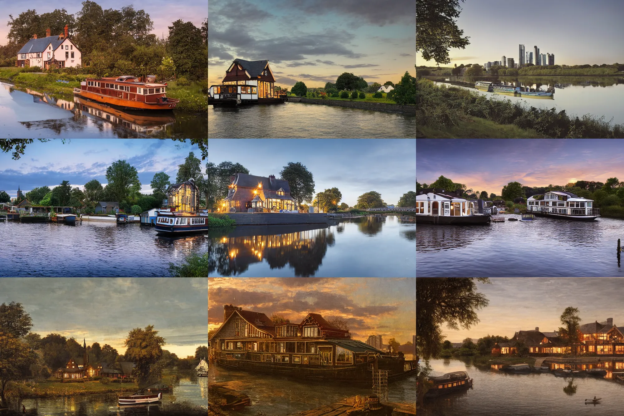 Prompt: realistic photo of a tudor style detached house, skyscrapers, a river flowing through the scene, houseboat in the foreground, dusk