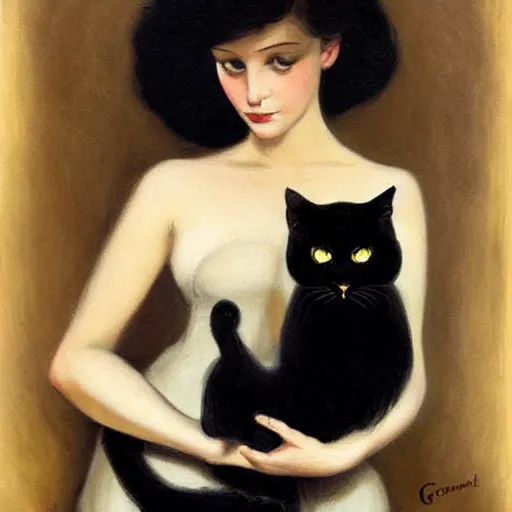 Image similar to a painting of a woman holding a black cat, an art deco painting by georges emile lebacq, featured on deviantart, gothic art, pre - raphaelite, gothic, goth, wiccan, tarot card