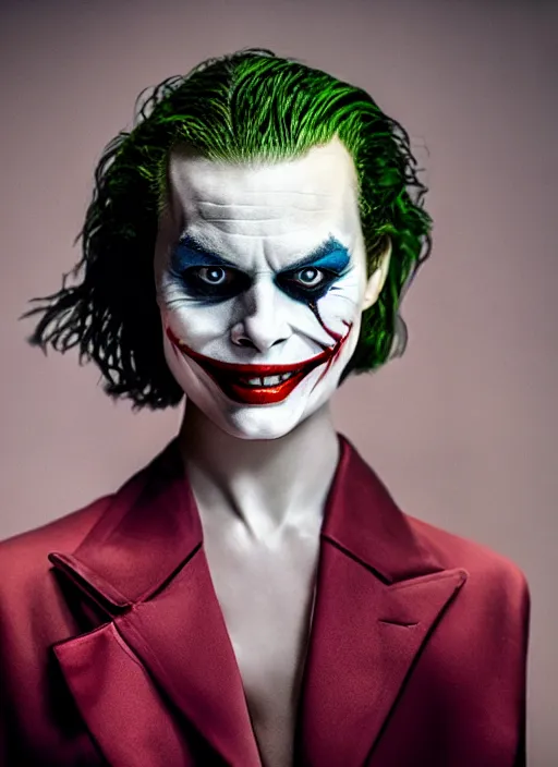 Image similar to photo of Margot Robbie as the Joker by Annie Leibovitz, head shot, detailed, award winning, Sony a7R