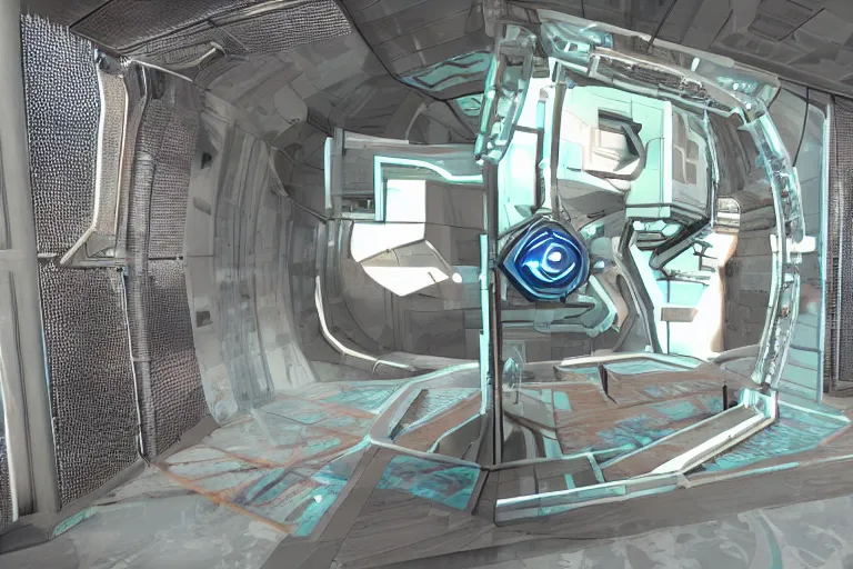 Image similar to futuristic tardis interior stylized like portal 2