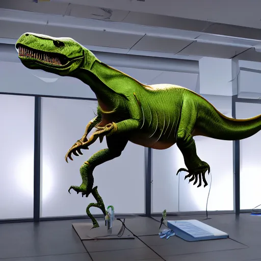 Prompt: a t-rex controlled by a scientist, photorealistic, 20B parameters