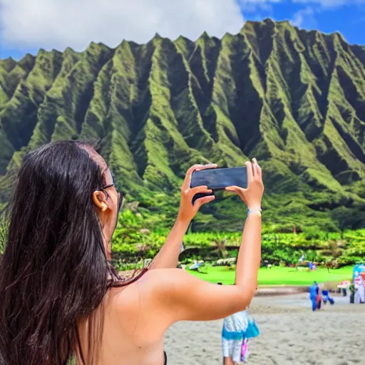 Prompt: A tourist taking a selfie at a tourist resort in Hawaii