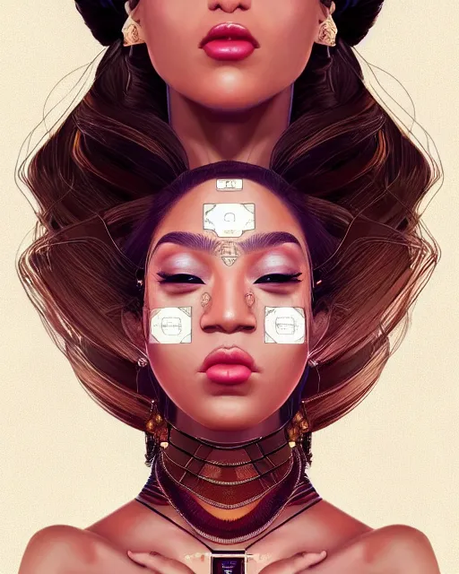 Prompt: ( ( ( portrait of tech goddess ) ) ), zoom, rule of thirds, atmosphere, intricate, regal, latinas, ( brown skin ), symmetrical!!, loreal, maybelline, sephora, loreal, artstation, art by artgerm and gonzalo ordonez arias, moody, concept art, filmic, vsco