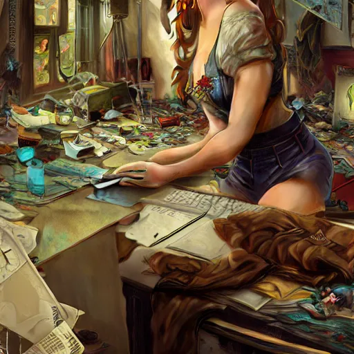 Image similar to a computer graphics artist with a ballcap in a messy room at the computer animating, ultra realistic, concept art, intricate details, serious, highly detailed, photorealistic, octane render, 8 k, unreal engine. art by artgerm and greg rutk owski and alphonse mucha