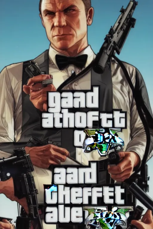 Image similar to GTA V cover art based on James Bond, starring 007 James Bond