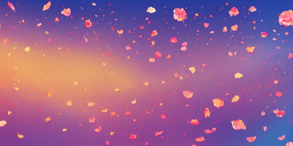 Prompt: background art of spaciously scattered flower petals flowing and floating through the blowing wind from left to right on a simple sunset background, large individual rose petals, angular background elements, polygonal fragments, anime, artgerm, manga, trending on artstation, art nouveau, mature color scheme