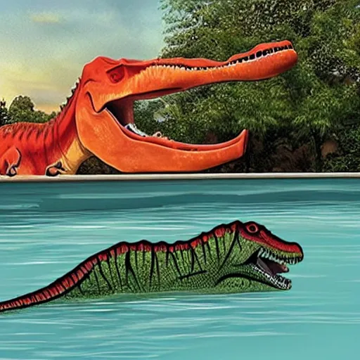 Prompt: a dinosaur is drowning in the pool