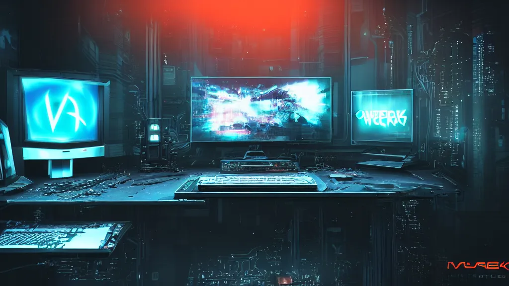 Image similar to a cyberpunk overpowered computer. Overclocking, watercooling, custom computer, cyber, mat black metal, alienware, futuristic design, desktop computer, desk, home office, whole room, minimalist, Beautiful dramatic dark moody tones and lighting, orange neon, Ultra realistic details, cinematic atmosphere, studio lighting, shadows, dark background, dimmed lights, industrial architecture, Octane render, realistic 3D, photorealistic rendering, 8K, 4K, nebula, galactic, space, Cyborg R.A.T 7, Republic of Gamer, computer setup, highly detailed