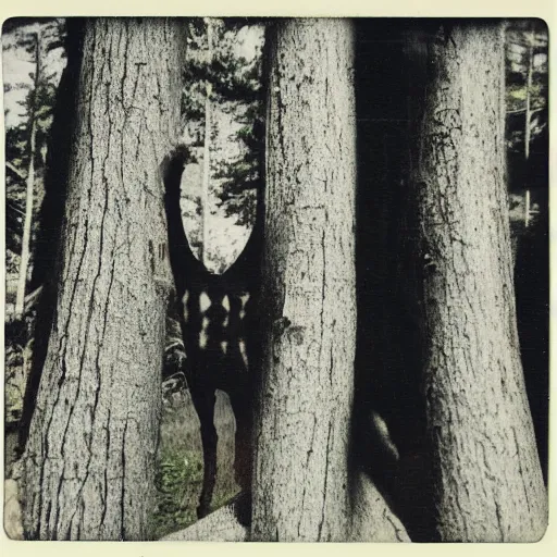 Prompt: Polaroid photo of a tall bipedal creature peering out from behind a tree