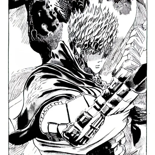 Image similar to guts killing griffith in berserk manga, black and white