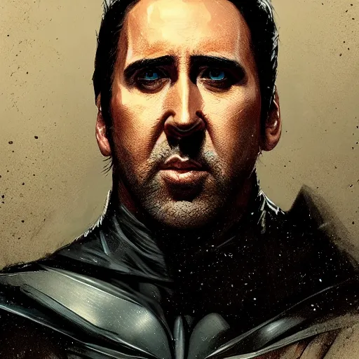 Prompt: Portrait of a man by Greg Rutkowski, Nicolas Cage as Batman, highly detailed portrait, scifi, digital painting, artstation, concept art, smooth, sharp foccus ilustration, Artstation HQ.