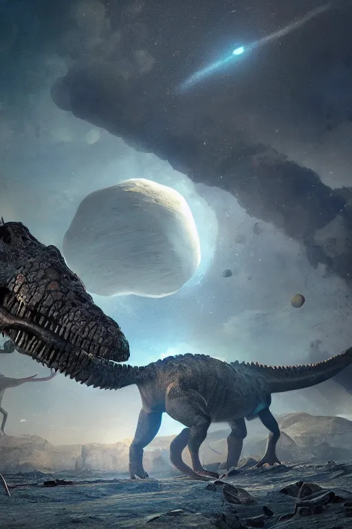 Image similar to dinosour see the asteroid before they go extinct, ultra realistic, concept art, intricate details, highly detailed, photorealistic, octane render, 8 k