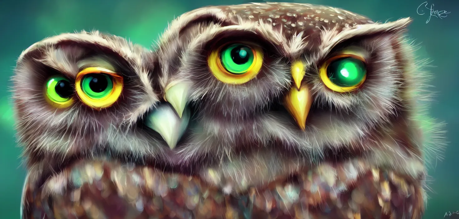 Prompt: owl magic forest, cute friendly crazy owl closeup macro with beauty eyes sitting on a tree branch, in the style of craola, shallow depth of field, highly detailed, digital painting, trending artstation, concept art, illustration, cinematic lighting, vibrant colors, photorealism, epic, octane render