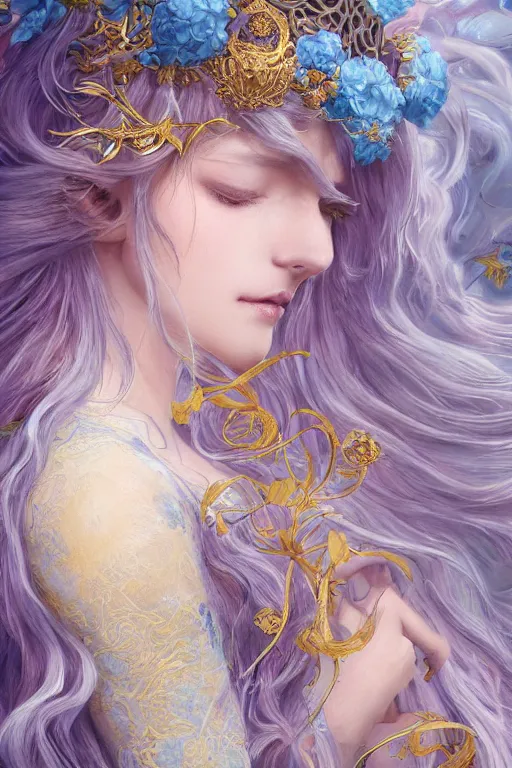 Prompt: breathtaking detailed soft painting of a full shot knight queen with long flowing blue hair, pastel flowers petals and golden ribbons flying, art by pilyeon and yuumei art, symmetrical facial features, at dawn in front of a pristine golden art nouveau cathedral, elegant, volumetric lighting, highly detailed, artstation, concept art, matte, sharp focus,