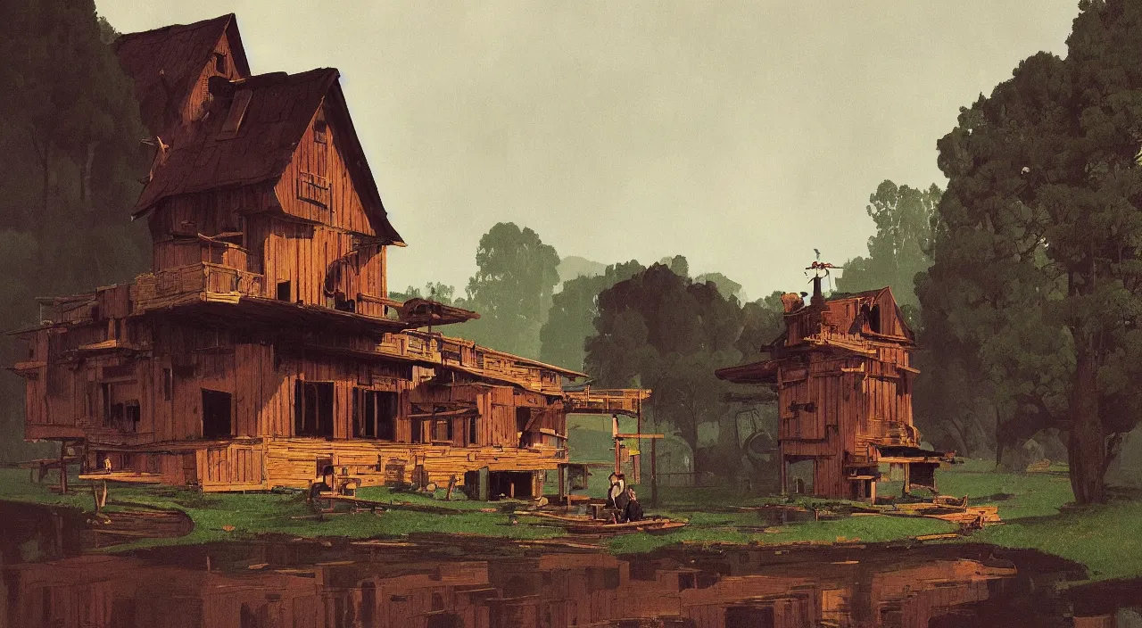 Image similar to single! flooded simple wooden ancient outpost, very coherent and colorful high contrast!! masterpiece by rene magritte simon stalenhag carl spitzweg syd mead norman rockwell edward hopper james gilleard, minimalist, dark shadows, sunny day, hard lighting