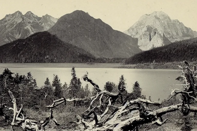Prompt: very old photo of a landscape of mountains with lake and a dead tree in the foreground, , 1920