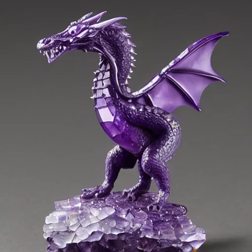 Image similar to detail miniature amethyst sculpture of a dragon, full view, high detail