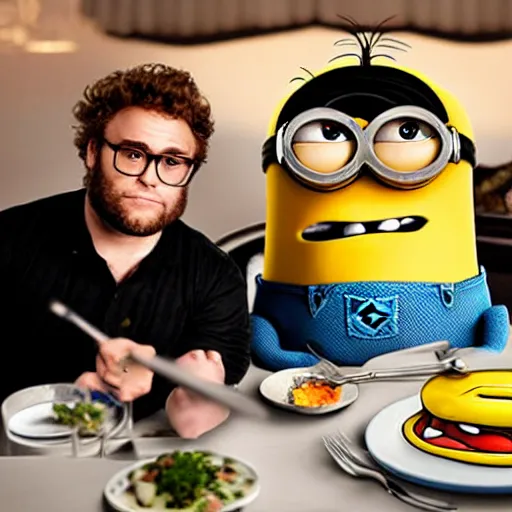 Prompt: seth rogan holding a fork and knife, about to eat a minion that is on the plate in front of him, seated in a restaurant