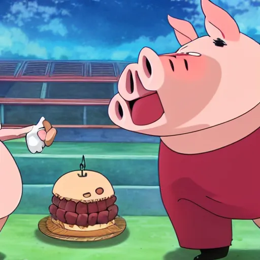 Image similar to an anime of a pig screaming in horror as another pig gets barbequed, funny, by Disney