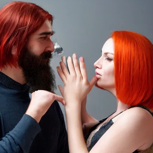 Image similar to a man with a dark well groomed beard gently slapping an attractive woman with straight red orange hair in the face with a lizard