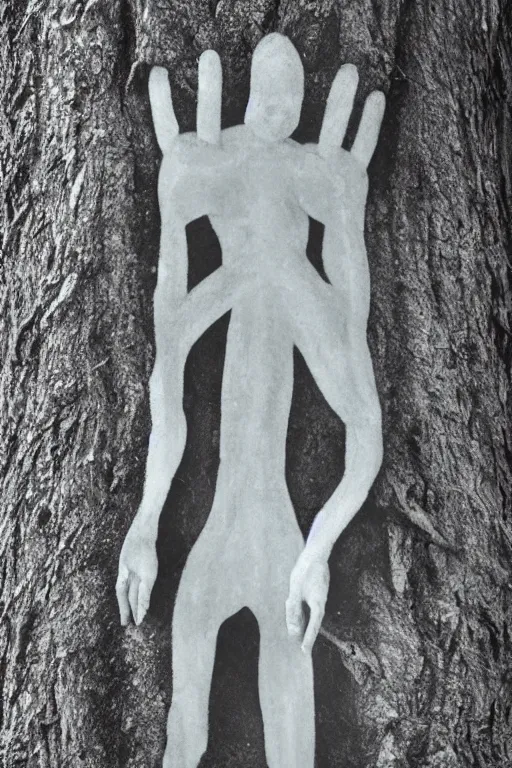 Prompt: negative shape of a human in trunk of a tree