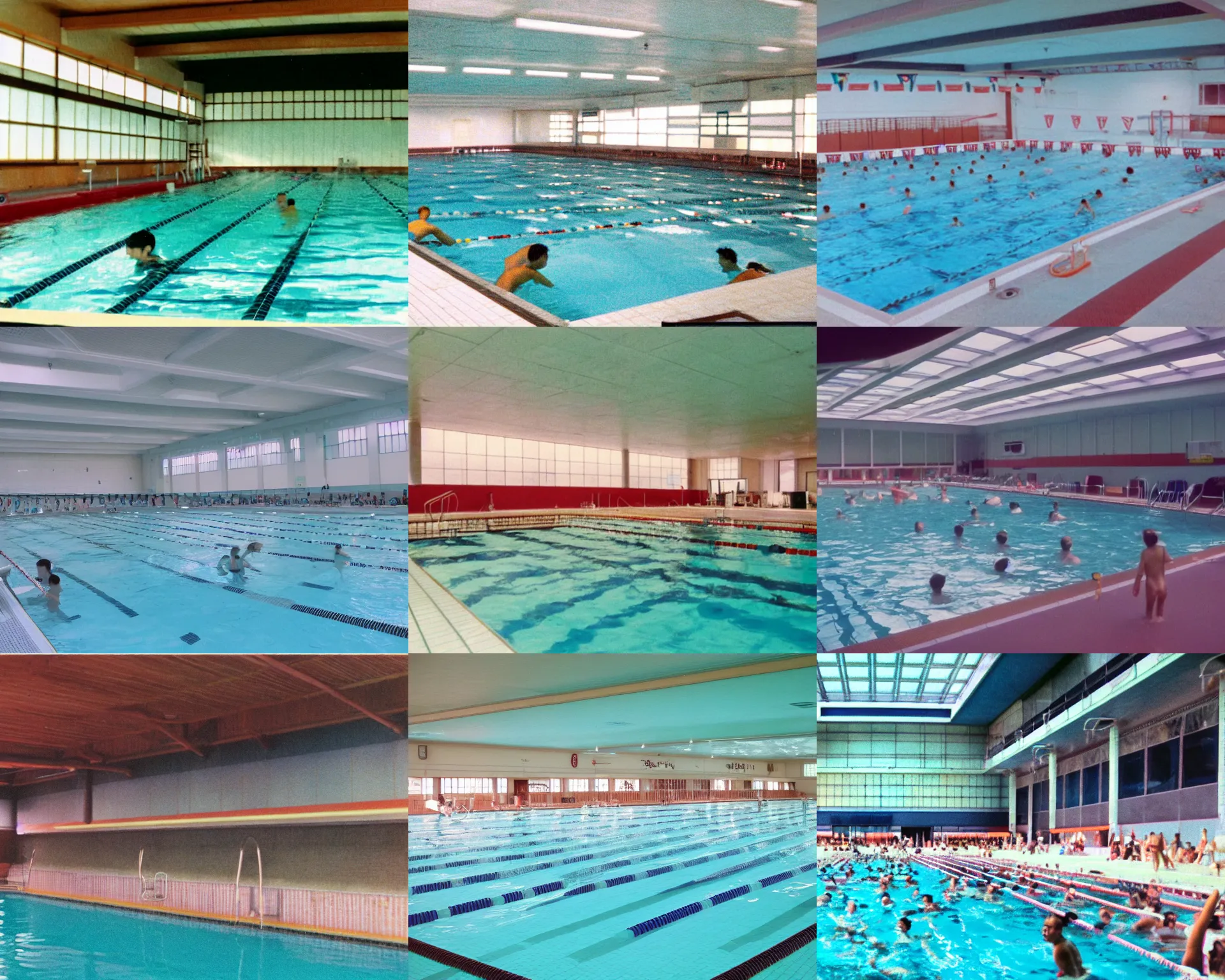 Prompt: home video footage, inside of the public pool in japan ; daylight, summer, color vhs picture quality