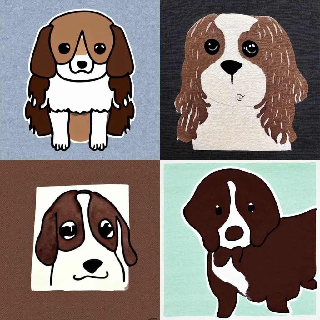 Prompt: a brown and white chested sprocker Spaniel!!, Style of Pusheen!!. Comic, artwork, silly!!,expressive!!!!!, front facing, (webcomic),((woodblock)),(screen print), watercolours, single