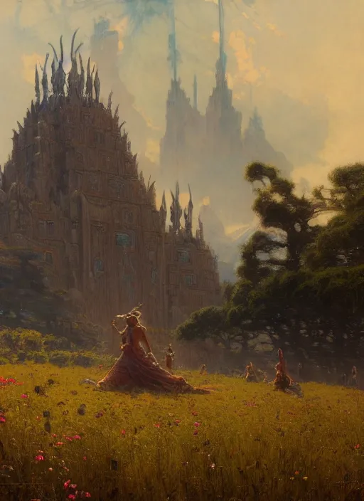 Image similar to giant castle temple megastructure in meadow by gaston bussiere, anna nikonova aka newmilky, greg rutkowski, yoji shinkawa, yoshitaka amano, moebius, donato giancola, geoffroy thoorens, trending on artstation, pixiv, cinematic composition, 8 k