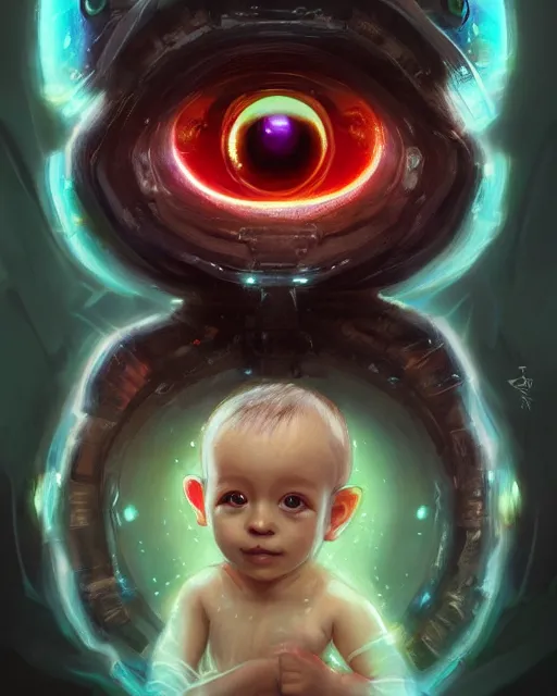 Prompt: three quarters portrait of a cute bioluminiscent baby creature with big glowing eyes, highly detailed, digital painting, cinematic, hyper realism, dark retrowave, art by Stanley Lau and Artgerm and magali villeneuve and Alphonse Mucha, artstation, octane render, cgsociety